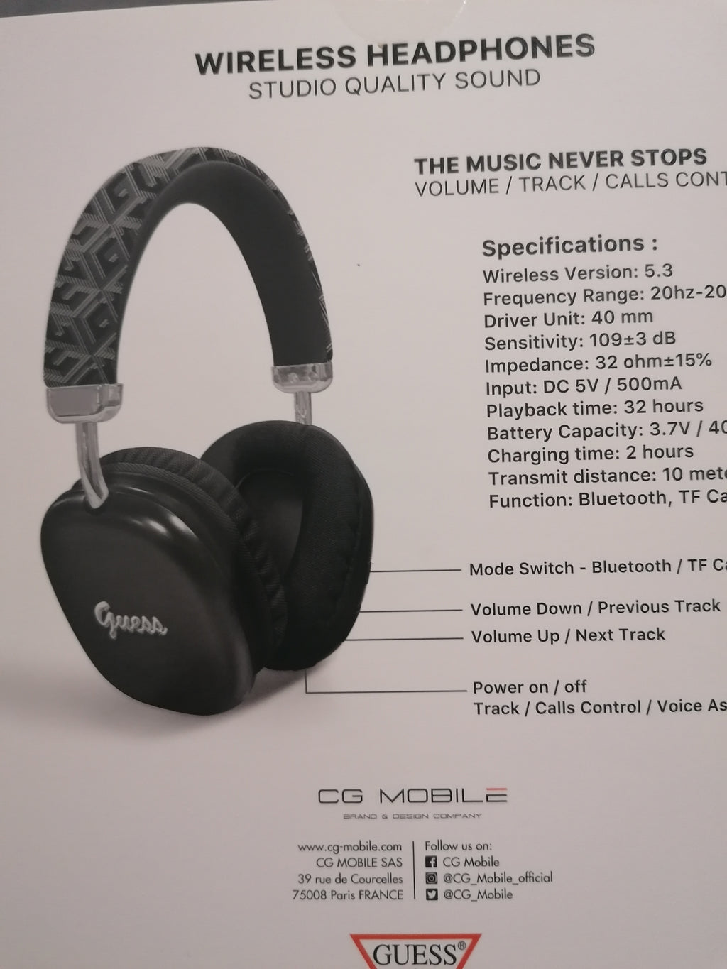 (Copie) Casque Headphones original GUESS écouteurs wireless Bluetooth sans fil et avec fil