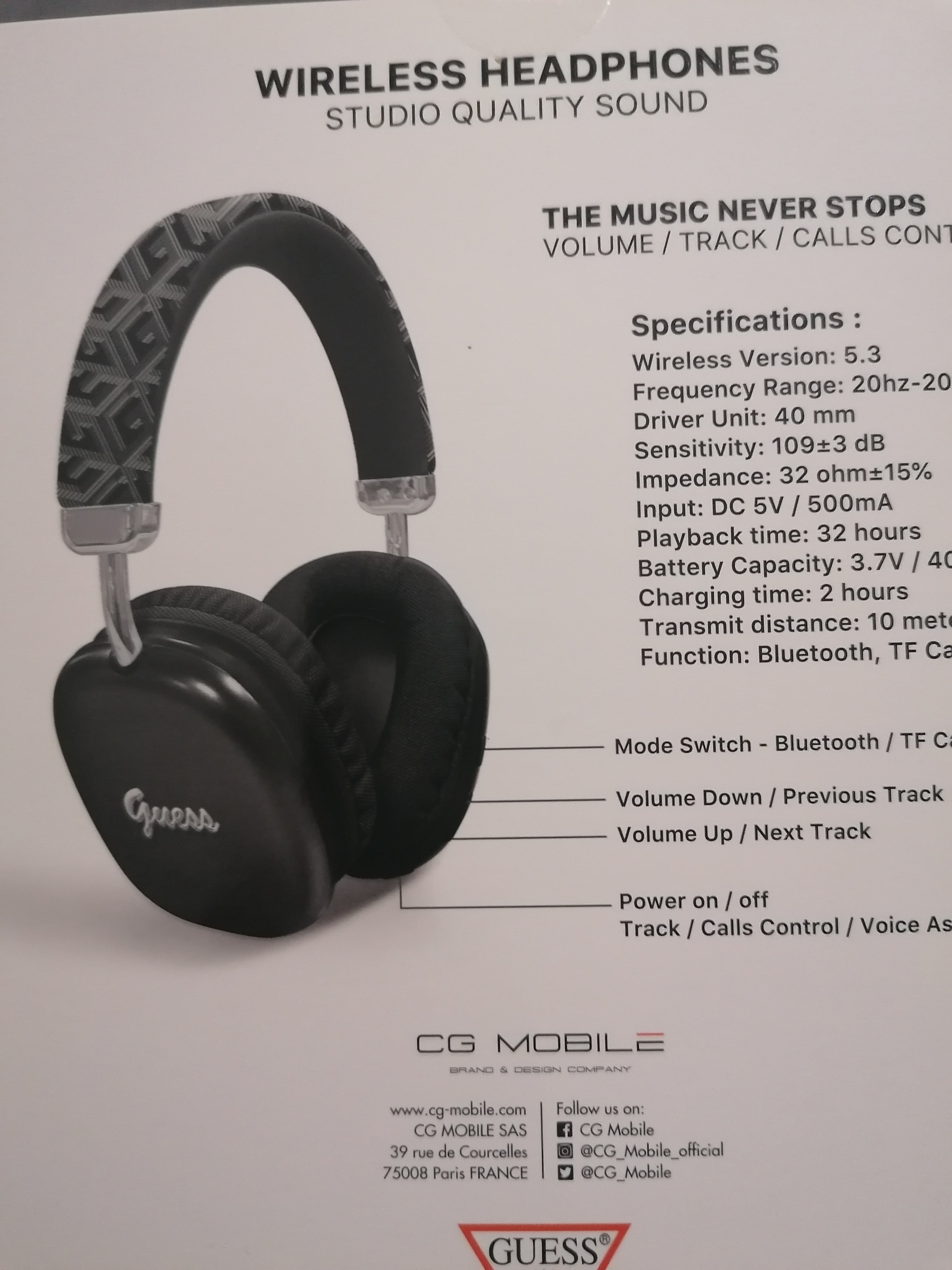 (Copie) Casque Headphones original GUESS écouteurs wireless Bluetooth sans fil et avec fil