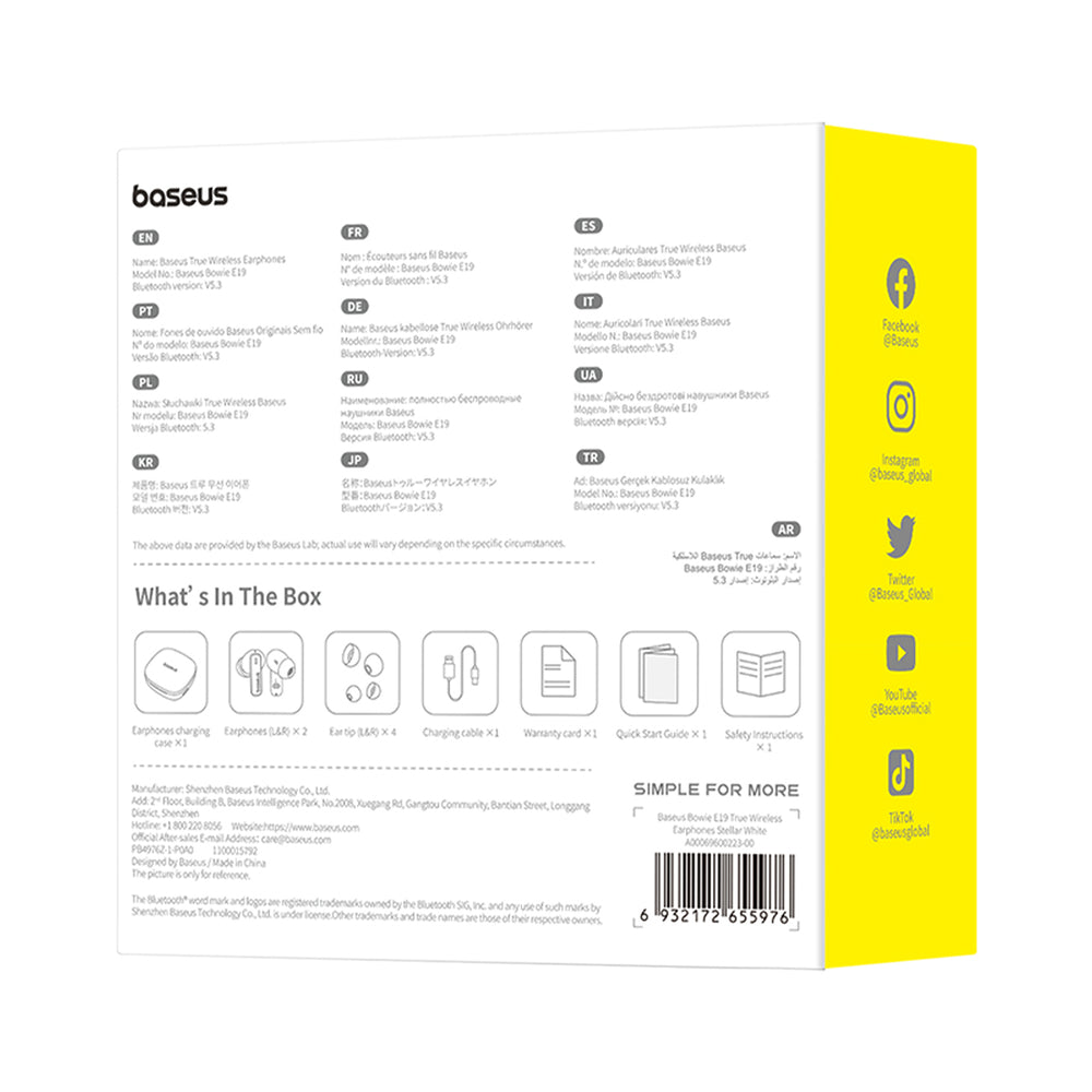 Baseus Bowie E19 TWS Bluetooth sans fil Wireless Headphones - blanc